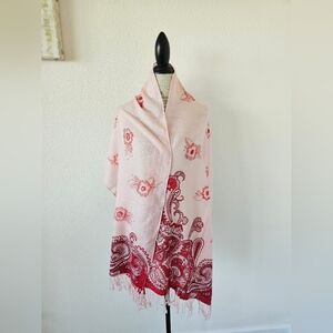Old Navy 100% Wool Pink and Red Flower Paisley Wide  Fringed Sequined Scarf Wrap